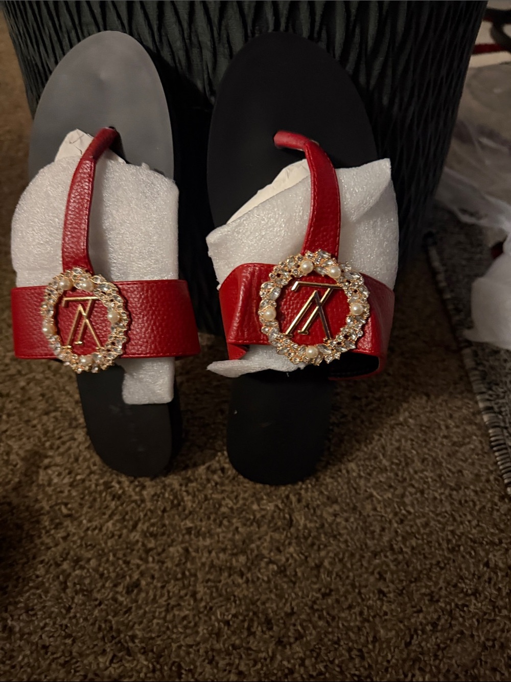 Women’s Red Leather Embellished Slide Sandals